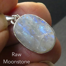 Load image into Gallery viewer, Natural Rainbow Moonstone Pendant | Raw Oval | 925 Sterling Silver | Blue Flashes | Cancer Libra Scorpio Stone | Emotional Liberation Stone  Genuine Gems from Crystal Heart Melbourne Australia 1986