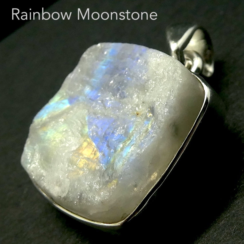 Natural Rainbow Moonstone Pendant | Raw Oval | 925 Sterling Silver | Blue Flashes | Cancer Libra Scorpio Stone | Emotional Liberation Stone  Genuine Gems from Crystal Heart Melbourne Australia 1986