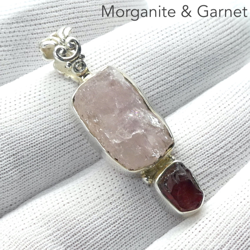 Morganite and Garnet Gemstone Pendant | Raw Nuggets | 925 Sterling Silver | Bezel Set | Conscious Love and Passion | Divine Love | Libra Stone | Genuine gems from Crystal Heart Melbourne Australia since 1986