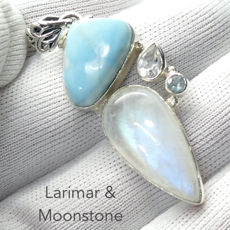 Larimar and Moonstone Pendant | Topaz and Aquamarine Accents | 925 Sterling Silver | Dominican Republic Caribbean |  Pectolite Variety | Dominican Republic | Emotional centering and Freedom | Genuine Gems from Crystal Heart Melbourne Australia since 1986