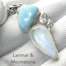 Load image into Gallery viewer, Larimar and Moonstone Pendant | Topaz and Aquamarine Accents | 925 Sterling Silver | Dominican Republic Caribbean |  Pectolite Variety | Dominican Republic | Emotional centering and Freedom | Genuine Gems from Crystal Heart Melbourne Australia since 1986