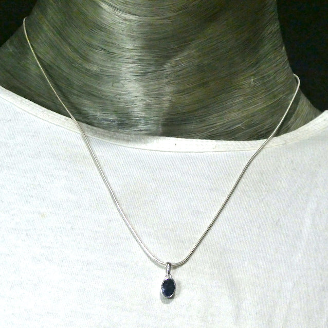 Blue Sapphire Pendant, dainty faceted oval, 925 Sterling Silver