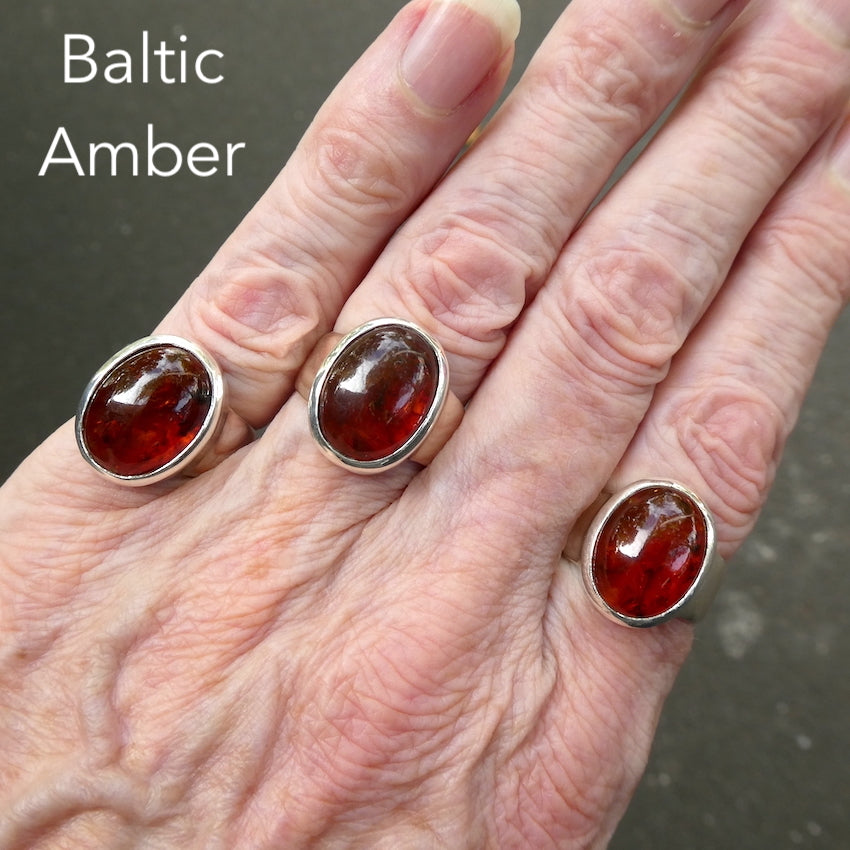 Baltic Amber Ring | Nice Oval Cabochons | Classic Golden Brown with Inclusions | 925 Sterling silver | US Size 7.5 | 9 | 10 | Bezel Set | Open back | Genuine Gems from Crystal heart Melbourne Australia since 1986