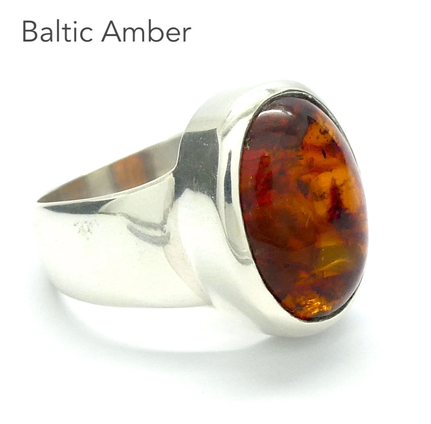 Baltic Amber Ring | Nice Oval Cabochons | Classic Golden Brown with Inclusions | 925 Sterling silver | US Size 7.5 | 9 | 10 | Bezel Set | Open back | Genuine Gems from Crystal heart Melbourne Australia since 1986