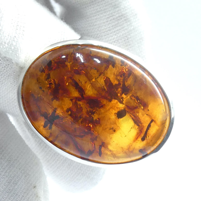 Baltic Amber Ring | Nice Oval Cabochons | Classic Golden Brown with Inclusions | 925 Sterling silver | US Size 8.5 |  AUS Size Q1/2  Bezel Set | Open back | Genuine Gems from Crystal heart Melbourne Australia since 1986