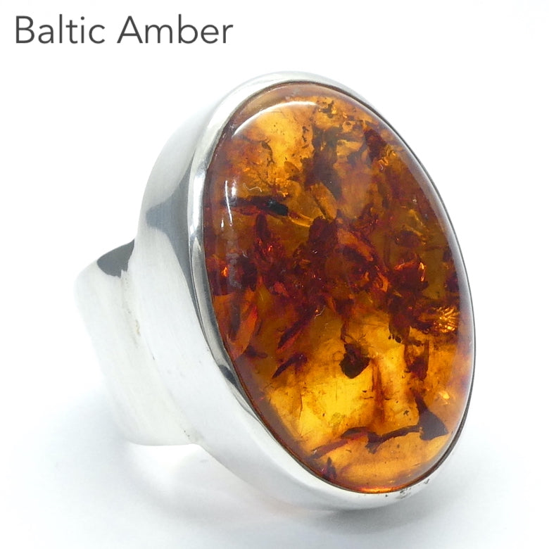 Baltic Amber Ring | Nice Oval Cabochons | Classic Golden Brown with Inclusions | 925 Sterling silver | US Size 8.5 |  AUS Size Q1/2  Bezel Set | Open back | Genuine Gems from Crystal heart Melbourne Australia since 1986