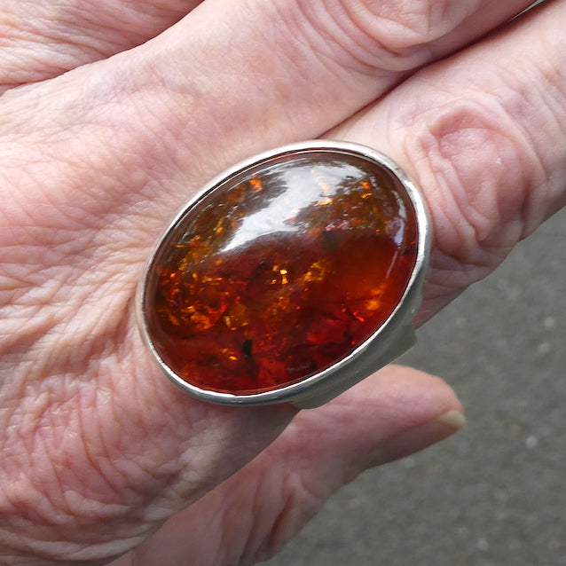 Baltic Amber Ring | Nice Oval Cabochons | Classic Golden Brown with Inclusions | 925 Sterling silver | US Size 8.5 |  AUS Size Q1/2  Bezel Set | Open back | Genuine Gems from Crystal heart Melbourne Australia since 1986