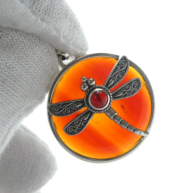 Finely Detailed 925 Sterling Silver Dragonfly on Carnelian Disc | Consistent colour and translucency | Creativity Focus | Cancer Leo Taurus | Genuine Gems from Crystal Heart Melbourne Australia since 1986 | AKA Cornelian or Sard 