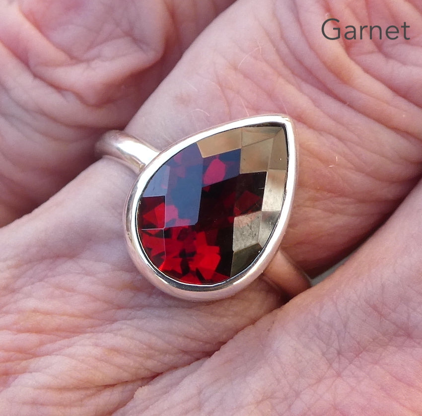 Garnet Ring | Magnificent Flawless Teardrop | Chequerboard Cut |  925 Sterling Silver | US Size 7 | AUS  Size N1/2 | Energising, Warm, Centering  | Genuine Gems from Crystal Heart Melbourne Australia since 1986