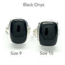 Load image into Gallery viewer, Black Onyx Ring | 925 Sterling Silver Setting  | Oblong cabochon |  | US Size 9 | US Size 10  | Personally Empowering | Genuine Gems from Crystal Heart Melbourne Australia since 1986