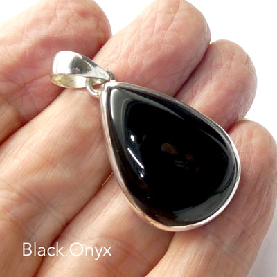 Black Onyx Gemstone | Teardrop Cabochon | Simple Bezel Setting | Open Back | 925 Sterling Silver | Protection and confidence | Genuine Gems from Crystal Heart Melbourne Australia since 1986
