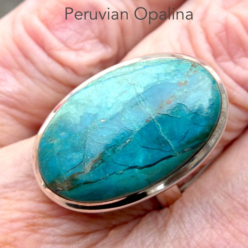 Peruvian Opalina Ring | Oval Cabochon | 925 Sterling Silver Setting | US Size adjstuable 8 to 10 | Uplift and protect the Heart | Connect Heaven and Earth | Peaceful Power | Spiritual Silnce  Creativity | Expression | Genuine Gems from Crystal Heart Melbourne Australia since 1986