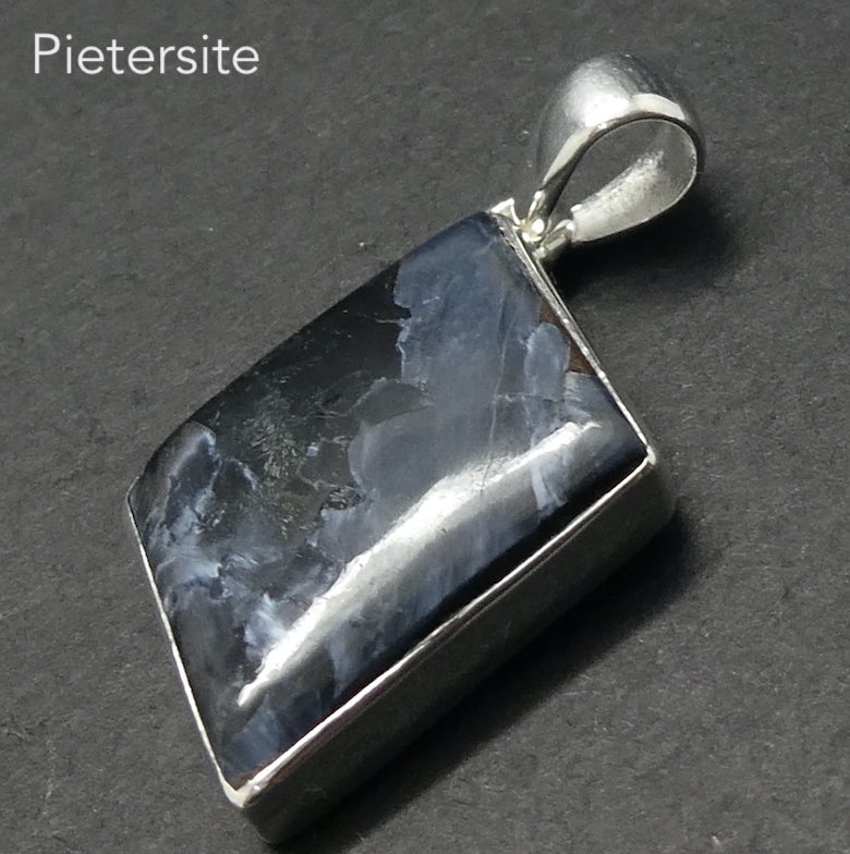 Pietersite Pendant | Diamond Shape Cabochon | 925 Sterling Silver | Quality handcrafted | Blue and Black Swirls | strength flexibility creativity determination | Genuine Gems from Crystal Heart Melbourne Australia since 1986