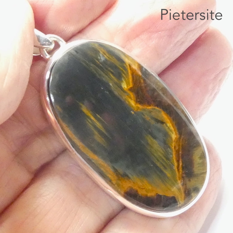 Pietersite Pendant | Large Oval  Cabochon | 925 Sterling Silver | Quality handcrafted | Blue and Gold Swirls | strength flexibility creativity determination | Genuine Gems from Crystal Heart Melbourne Australia since 1986