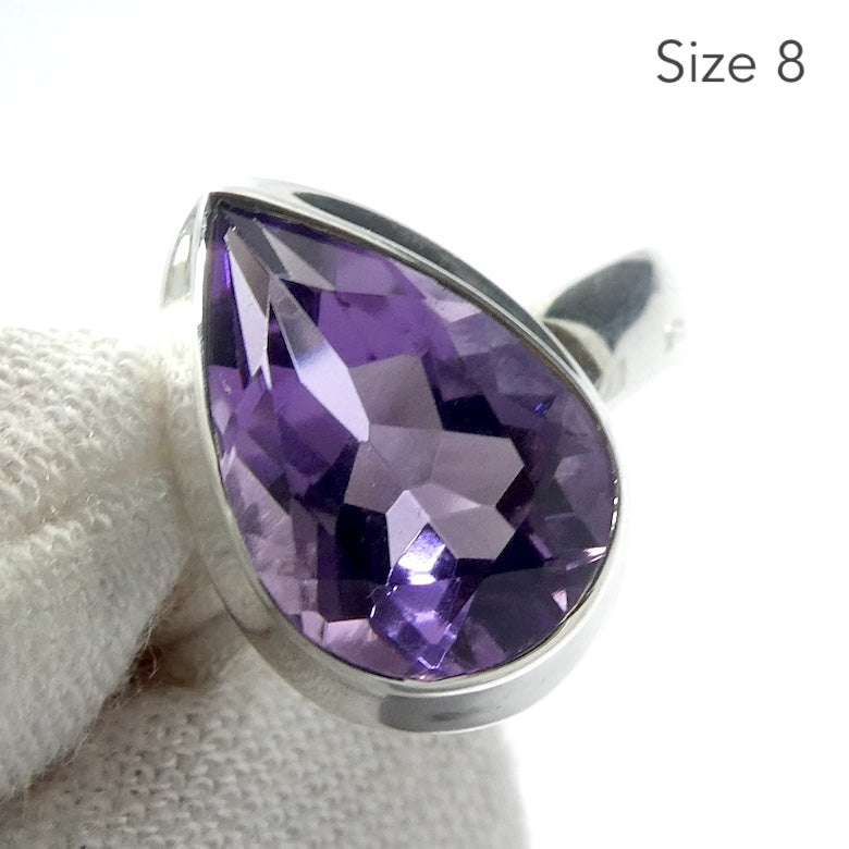 Amethyst Ring, Faceted Teardrop, 925 Sterling Silver rt