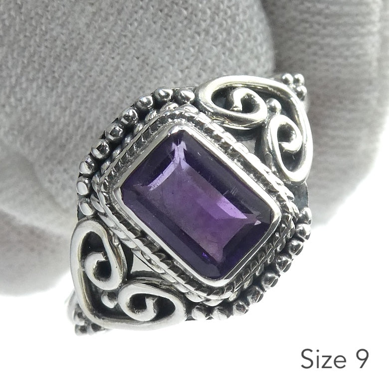 Amethyst Ring, Faceted Oblong, Ethnic Style, 925 Sterling Silver r2