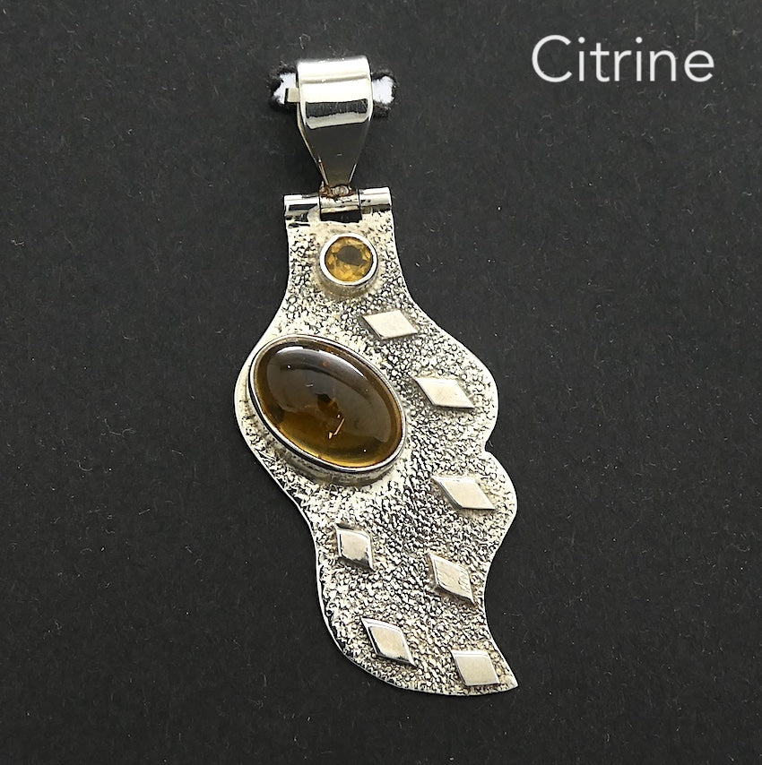Citrine Pendant | Oval Cabochon and Faceted round  | 925 Sterling Silver | Fancy Distressed Freeform Silver | Abundant Energy | Repel Negativity | Positive Healing Energy | Aries Gemini Leo Libra | Genuine Gems from Crystal Heart Melbourne Australia  since 1986