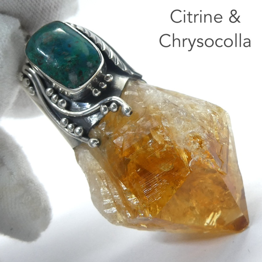 Citrine and Chrysocolla  Pendant |Raw Uncut Natural Point | 925 Sterling Silver | Organic Silver Work | Abundant Energy | Repel Negativity | Positive Healing Energy | Aries Gemini Leo Libra | Genuine Gems from Crystal Heart Melbourne Australia  since 1986