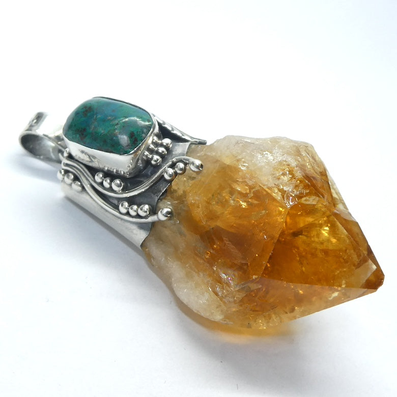 Citrine and Chrysocolla  Pendant |Raw Uncut Natural Point | 925 Sterling Silver | Organic Silver Work | Abundant Energy | Repel Negativity | Positive Healing Energy | Aries Gemini Leo Libra | Genuine Gems from Crystal Heart Melbourne Australia  since 1986