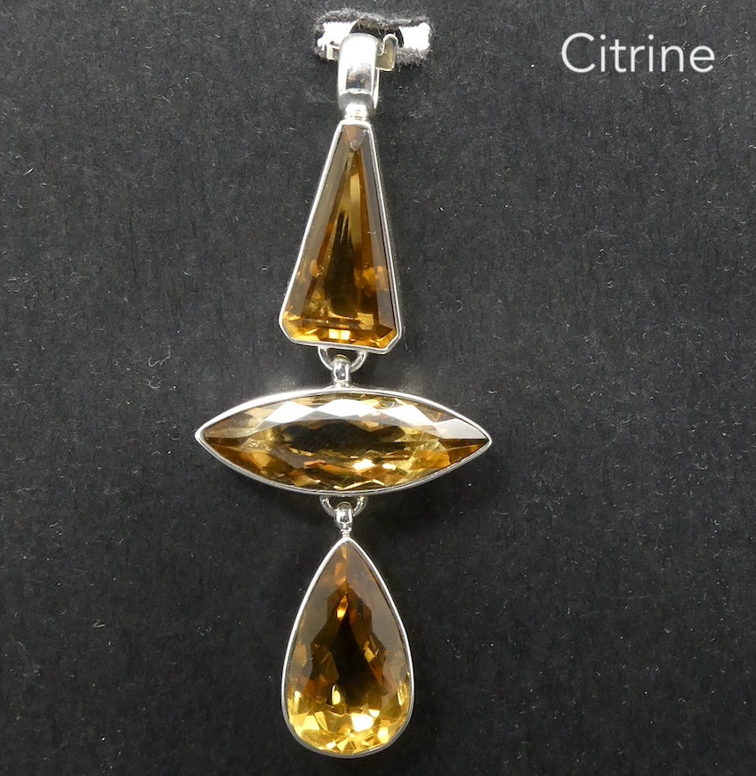 Citrine Pendant | AAA Grade | 3 Faceted Stones | Mellow Toffee Honey shade | 925 Sterling Silver | Abundant Energy | Repel Negativity | Positive Healing Energy | Aries Gemini Leo Libra | Genuine Gems from Crystal Heart Melbourne Australia  since 1986