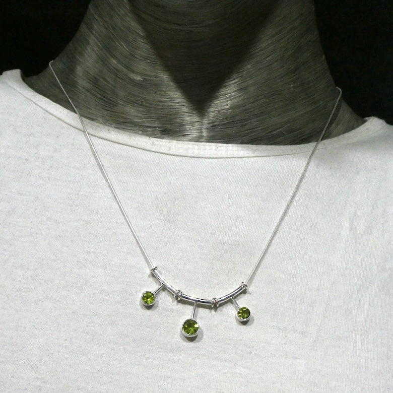 Peridot Necklace | 3 faceted rounds on elegant chain | 925 Sterling Silver| Besel set | Superbly Handcrafted | Overcome nervous tension | Joyful Heart | Genuine gems from Crystal Heart Melbourne Australia since 1986
