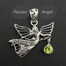 Load image into Gallery viewer, Peridot Pendant | Angel of Hope carring the Light of a Peridot  | 925 Sterling Silver |  Bezel Set | Open Back | Overcome nervous tension | Joyful Heart | Genuine gems from Crystal Heart Melbourne Australia since 1986