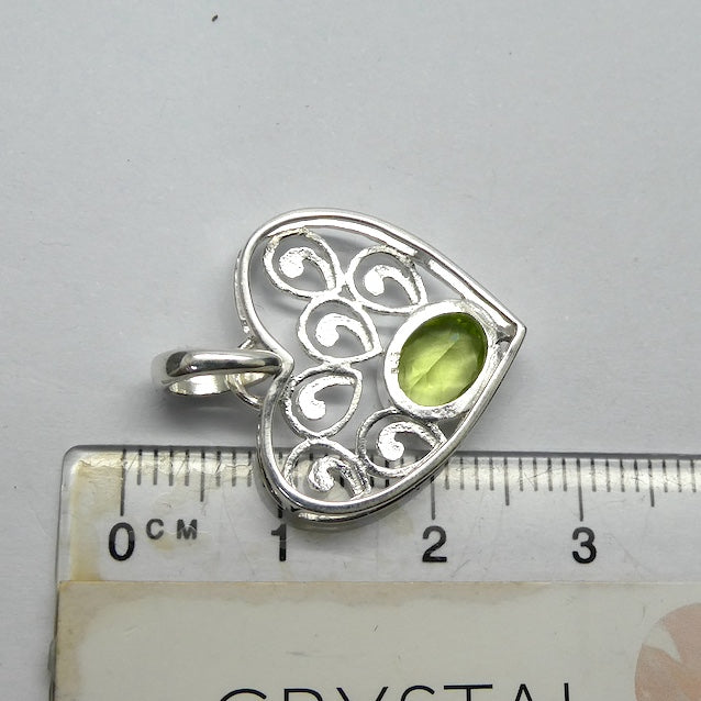 Peridot Pendant | Faceted Oval in Ornate Heart | 925 Sterling Silver|  Bezel Set | Open Back | Overcome nervous tension | Joyful Heart | Genuine gems from Crystal Heart Melbourne Australia since 1986