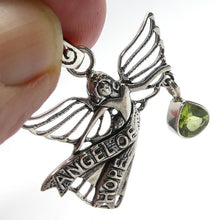 Load image into Gallery viewer, Peridot Pendant | Angel of Hope carring the Light of a Peridot  | 925 Sterling Silver |  Bezel Set | Open Back | Overcome nervous tension | Joyful Heart | Genuine gems from Crystal Heart Melbourne Australia since 1986