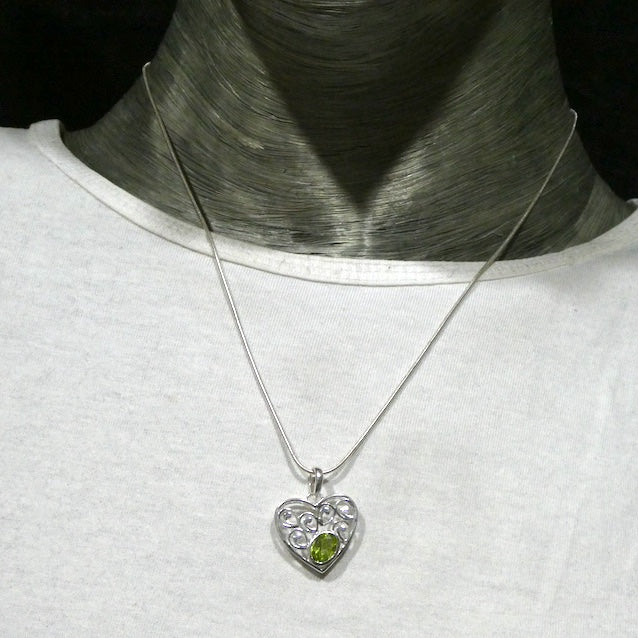 Peridot Pendant | Faceted Oval in Ornate Heart | 925 Sterling Silver|  Bezel Set | Open Back | Overcome nervous tension | Joyful Heart | Genuine gems from Crystal Heart Melbourne Australia since 1986