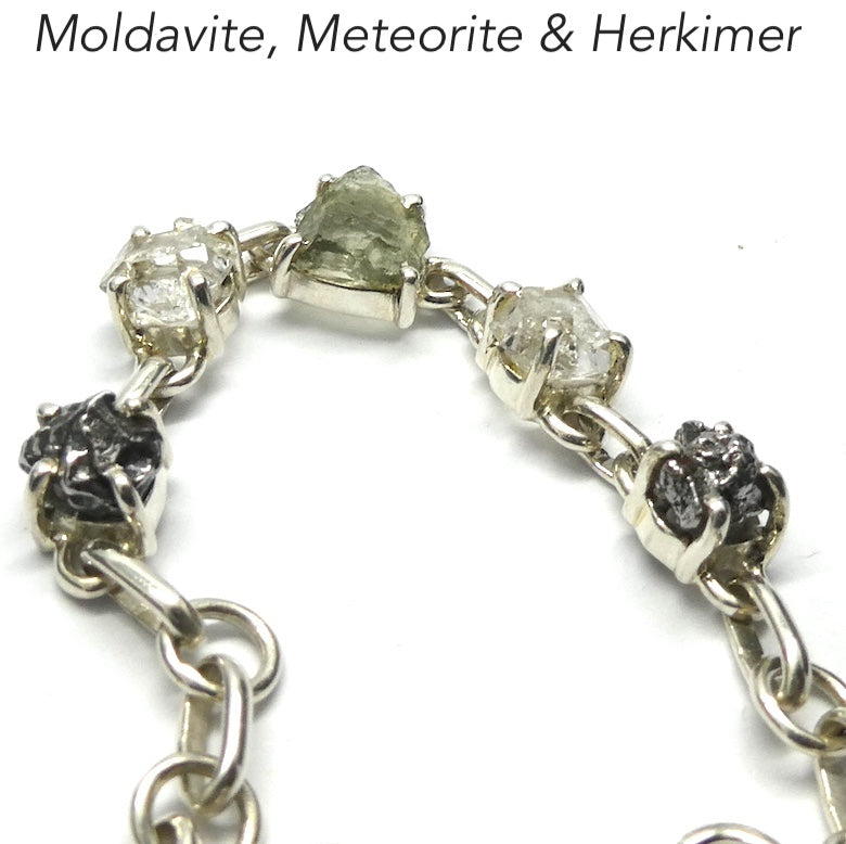 Central Raw Natural Moldavite nugget bracketed by Herkimer Diamonds and Meteorites | Magical bracelet | Claw Set with Open backs | 925 Sterling Silver | Green Obsidian | Campo De Cielo Nickel Iron Meteorite | CZ Republic | Intense Personal Heart Transformation and Connection | Scorpio Stone | Genuine Gems from Crystal Heart Melbourne Australia since 1986
