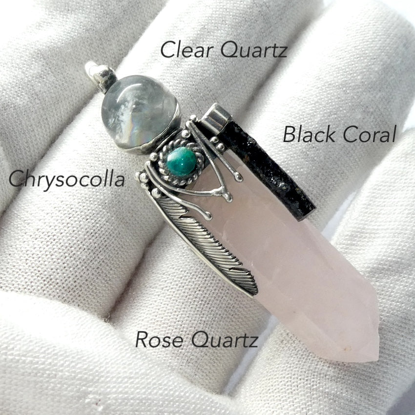 Rose Quartz Gemstone Pendant | Chrysocolla Cabochon | Black Coral | 925 Sterling Silver | Shamanic Silver hand crafting | Genuine Gemstones from Crystal Heart Melbourne since 1986 