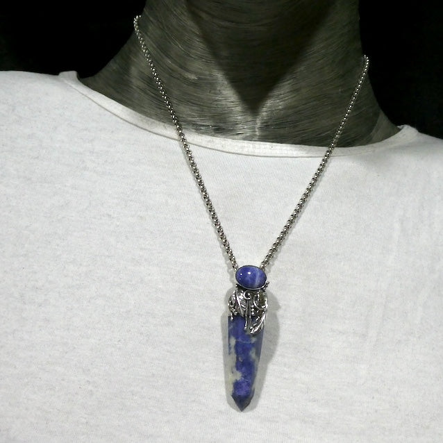 Sodalite Pendant | Single point with Oval Cabochon above | 925 Sterling Silver | Organic hand crafted Silver leaf and tendrils | Mental balance and enlightenment | Sagittarius | Genuine Gems from Crystal Heart Melbourne Australia since 1986