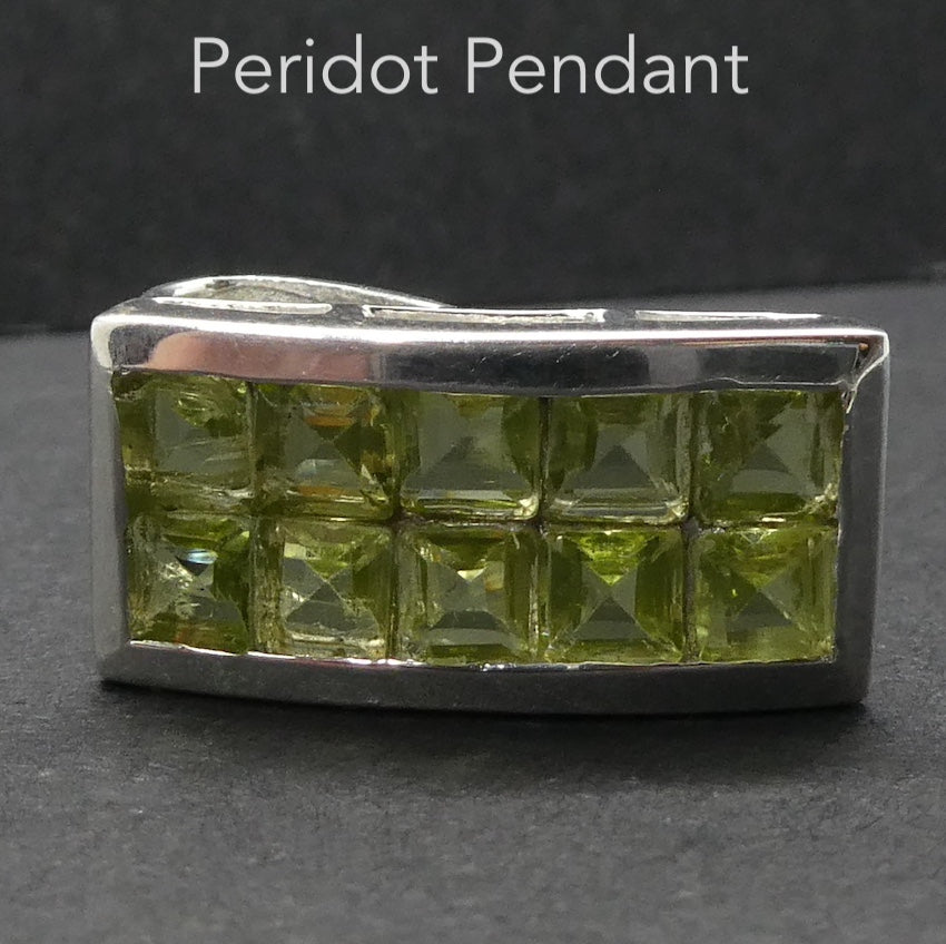 Peridot Pendant | Ten faceted Squares on Curved Panel | 925 Sterling Silver| Open Back | Overcome nervous tension | Joyful Heart | Genuine gems from Crystal Heart Melbourne Australia since 1986