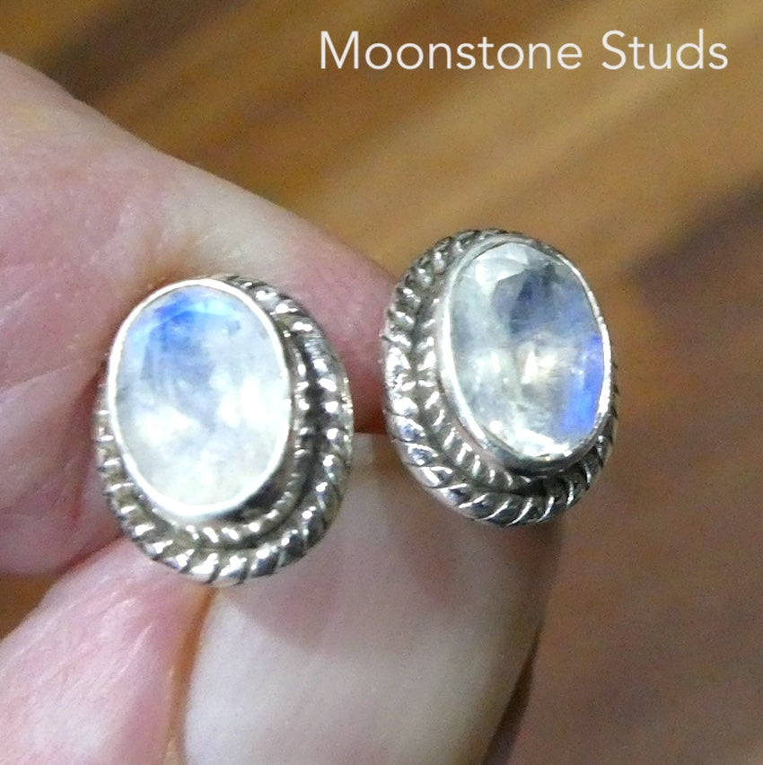 Rainbow Moonstone Stud Earrings | Faceted Ovals | 925 Sterling Silver | Nice Blue Flash | | Genuine Gems from Crystal Heart Melbourne Australia since 1986
