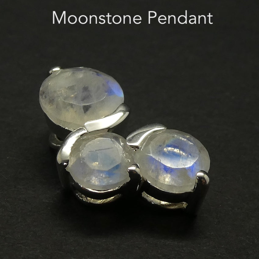 Natural Rainbow Moonstone Pendant | Blue Flash |  Three small Faceted Rounds | 925 Sterling Silver | Claw Set | Open Back | Cancer Libra Scorpio Stone | Genuine Gems from Crystal Heart Melbourne Australia 1986
