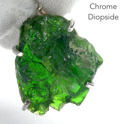 Chrome Diopside Raw Nugget Pendant | 925 Sterling Silver | Open Back | Vivid Green Translucent Gemstone | High Vibration Powerful Heart Healing & Transformation  | Genuine Gems from Crystal Heart Melbourne Australia since 1986