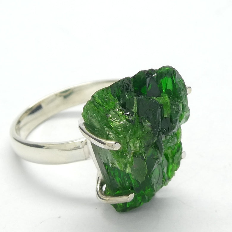Chrome Diopside Ring | Raw Uncut Natural Nugget | Vibrant Green | 925 Sterling Silver | Claw Set | Open Back | Strong Signet Style | US Size 8 | AUS or UK size P1/2 | Genuine Gems from  Crystal Heart Melbourne Australia since 1986