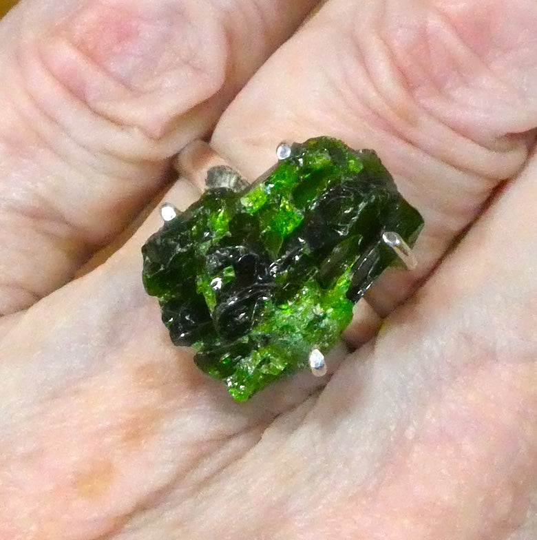 Chrome Diopside Ring | Raw Uncut Natural Nugget | Vibrant Green | 925 Sterling Silver | Claw Set | Open Back | Strong Signet Style | US Size 8 | AUS or UK size P1/2 | Genuine Gems from  Crystal Heart Melbourne Australia since 1986