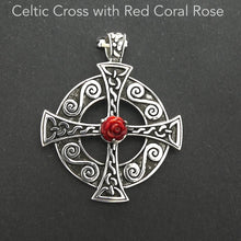 Load image into Gallery viewer, Traditional Celtic Cross Pendant | Solid 925 Sterling Silver | Rose hand carved from natural coral | Rosicrucian | Genuine Gems from Crystal Heart Melbourne since 1986