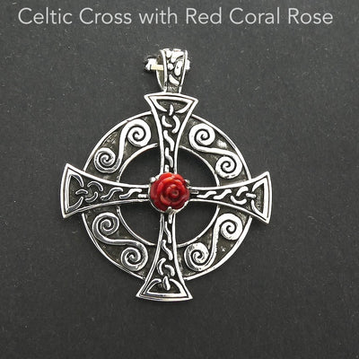 Traditional Celtic Cross Pendant | Solid 925 Sterling Silver | Rose hand carved from natural coral | Rosicrucian | Genuine Gems from Crystal Heart Melbourne since 1986