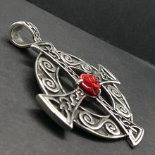 Load image into Gallery viewer, Traditional Celtic Cross Pendant | Solid 925 Sterling Silver | Rose hand carved from natural coral | Rosicrucian | Genuine Gems from Crystal Heart Melbourne since 1986