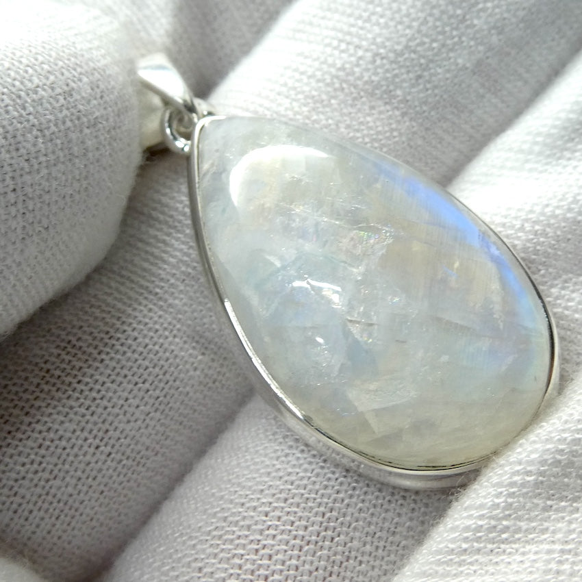 Natural Rainbow Moonstone Pendant | Large Teardrop Cabochon | 925 Sterling Silver | Strong Blue Flash | Emotional Liberation | Genuine Gems from Crystal Heart Melbourne Australia 1986
