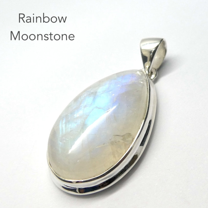 Natural Rainbow Moonstone Pendant | Large Teardrop Cabochon | 925 Sterling Silver | Strong Blue Flash | Emotional Liberation | Genuine Gems from Crystal Heart Melbourne Australia 1986