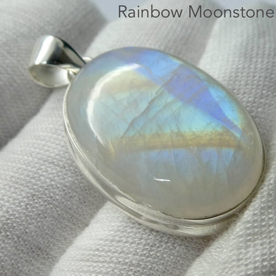Natural Rainbow Moonstone Pendant | Large Oval Cabochon | 925 Sterling Silver | Strong Blue Flash | Emotional Liberation | Genuine Gems from Crystal Heart Melbourne Australia 1986