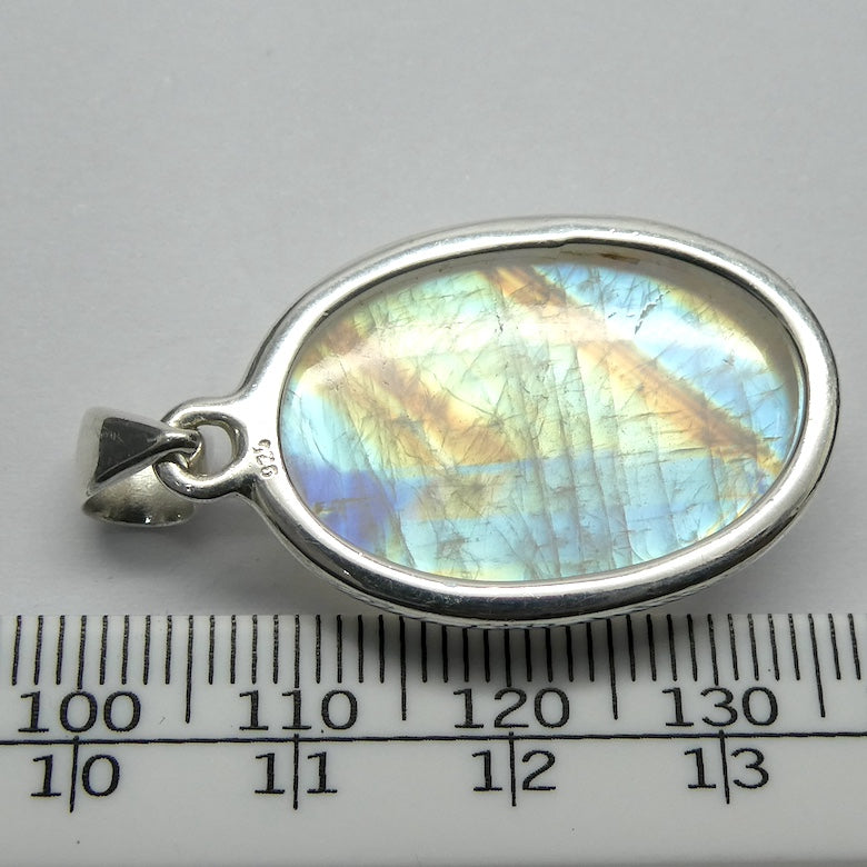 Natural Rainbow Moonstone Pendant | Large Oval Cabochon | 925 Sterling Silver | Strong Blue Flash | Emotional Liberation | Genuine Gems from Crystal Heart Melbourne Australia 1986