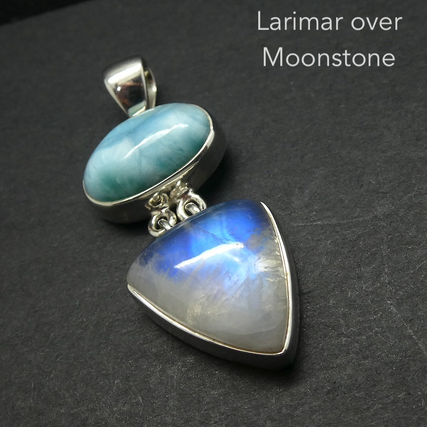 Larimar Pendant with Rainbow Moonstone, 925 Sterling Silver