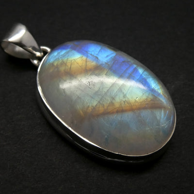 Natural Rainbow Moonstone Pendant | Large Oval Cabochon | 925 Sterling Silver | Strong Blue Flash | Emotional Liberation | Genuine Gems from Crystal Heart Melbourne Australia 1986