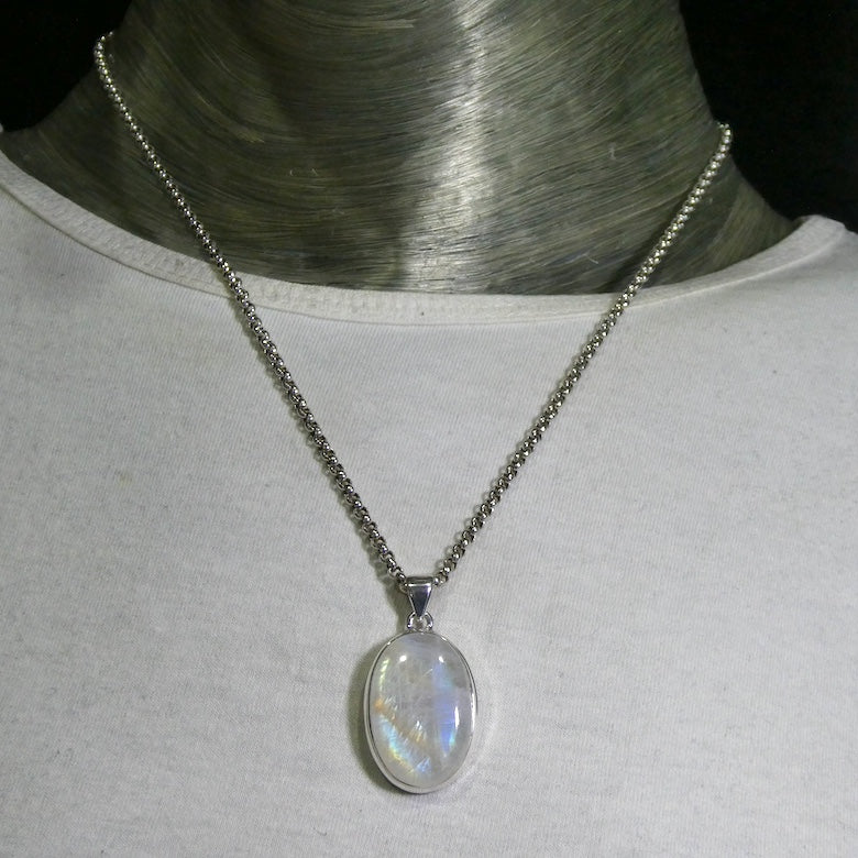 Natural Rainbow Moonstone Pendant | Large Oval Cabochon | 925 Sterling Silver | Strong Blue Flash | Emotional Liberation | Genuine Gems from Crystal Heart Melbourne Australia 1986