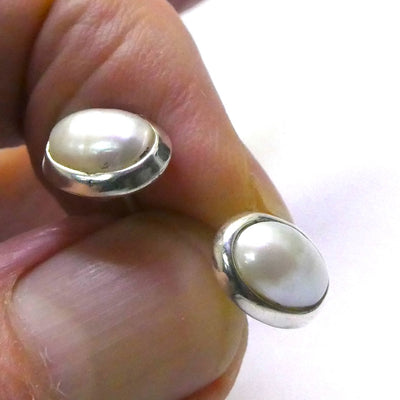 Freshwater Pearl Stud Earrings | Ringed Ovals | 925 Sterling Silver | Substantial Bezel Setting | Genuine Gems from Crystal Heart Melbourne Australia since 1986
