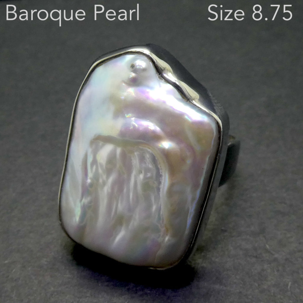 Baroque Pearl Ring | Large Natural Freshwater Freeform | 925 Sterling Silver | Substantial Open Bezel Setting | US Size 8.75 | Genuine Gems from Crystal Heart Melbourne Australia since 1986
